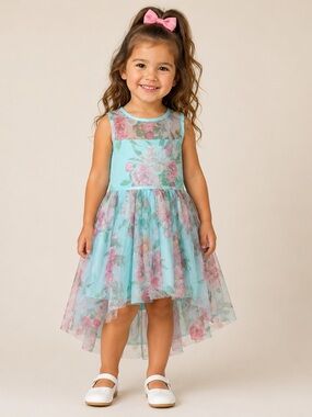 Zunie Girl Aqua Dress with Pink Floral Detail